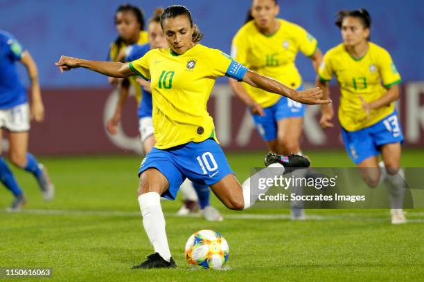 Marta of Brazil Women scores 1-0 during the World Cup Women match between Italy v Brazil at the Stade du Hainaut on June 18, 2019 in Valenciennes...