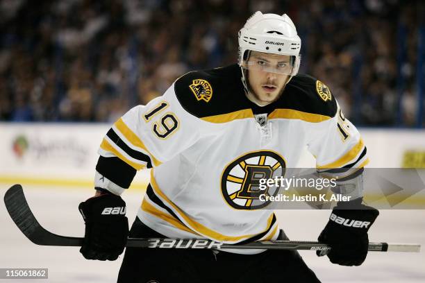 Tyler Seguin of the Boston Bruins looks on in Game Four of the Eastern Conference Finals against the Tampa Bay Lightning during the 2011 NHL Stanley...
