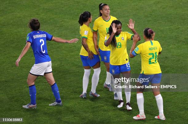 Brazil players celebrate after the final whistle Italy v Brazil - FIFA Women's World Cup 2019 - Group C - Stade du Hainaut .