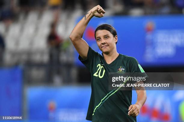 Australia's forward Samantha Kerr celebrates after winning the France 2019 Women's World Cup Group C football match between Jamaica and Australia, on...