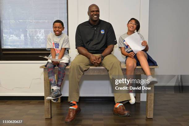 Adonal Foyle of the Golden State Warriors interacts participates at the 2019 NBA Finals Cares Legacy Project as part of the 2019 NBA Finals on June...