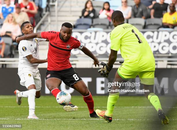 Khaleem Hyland of Trinidad and Tobago kicks the ball to his goaltender Marvin Phillip as Alberto Quintero of Panama looks on during the second half...