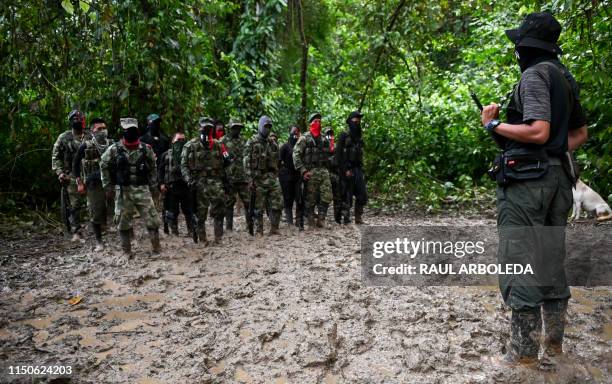 Commander Uriel of the Ernesto Che Guevara front, belonging to the National Liberation Army guerrillas, gives instructions to his men at the jungle,...