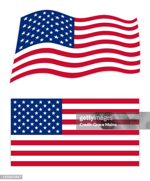 ilustraciones, imágenes clip art, dibujos animados e iconos de stock de banderas onduladas y planas de estados unidos de américa - bandera de estados unidos