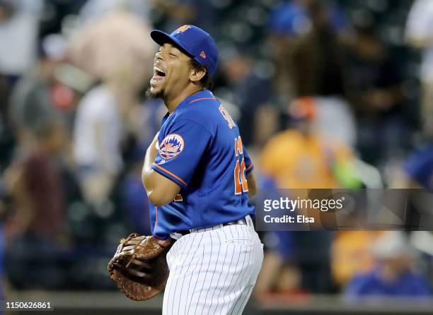 Dominic Smith of the New York Mets celebrates the win over the Washington Nationals at Citi Field on May 20, 2019 in the Flushing neighborhood of the...