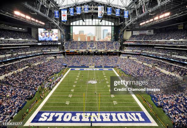 View of action during a preseason game between the St. Louis Rams and Indianapolis Colts on August 12, 2012 at Lucas Oil Stadium in Indianapolis,...