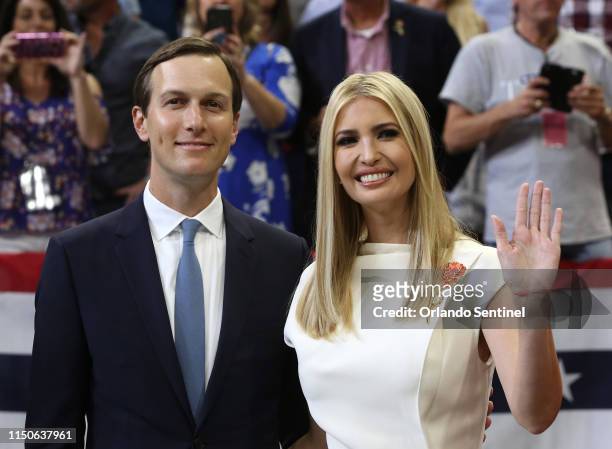 Jared Kuschner and Ivanka Trump arrive with family at Amway Center in Orlando, Fla., on Tuesday, June 18 for President Donald Trump's 2020 campaign...