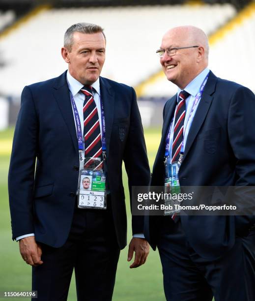 English FA technical director Leslie Reed with England coach Andy Boothroyd before the 2019 UEFA U-21 Championship Group C match between England and...