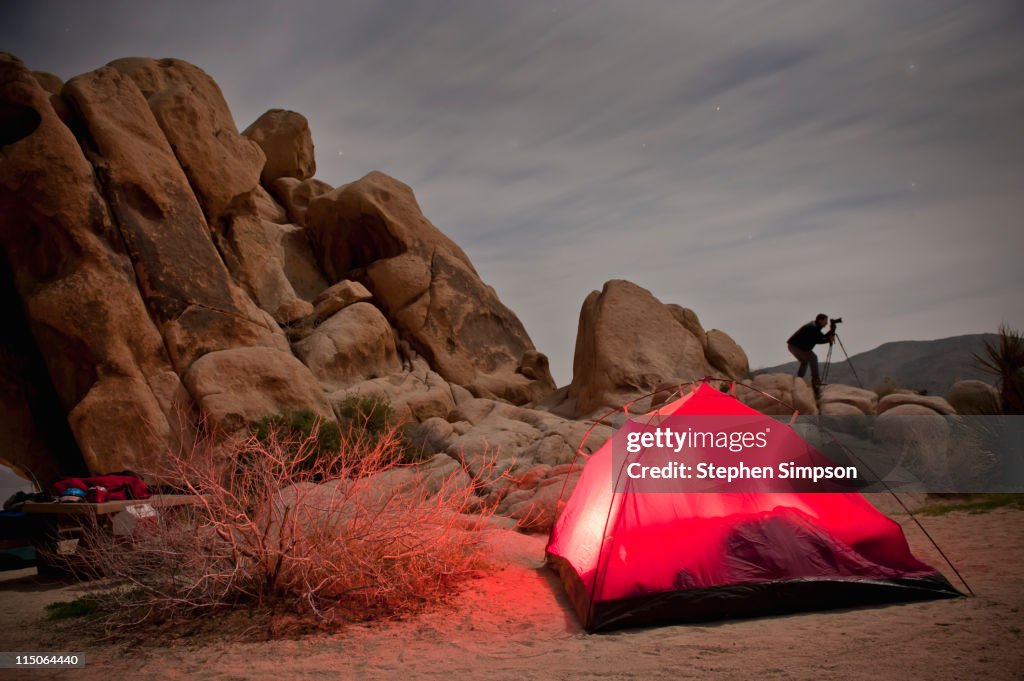 Night photography and camping in the desert