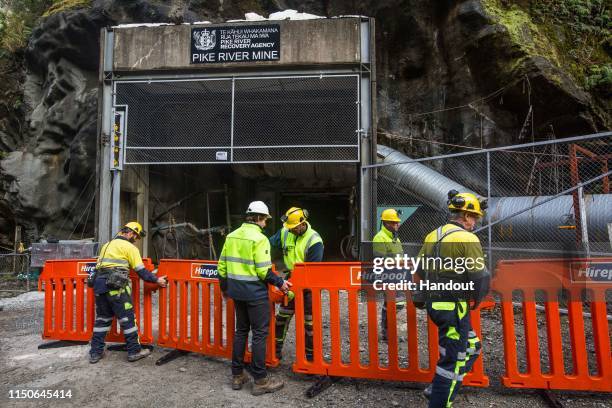 In this handout provided by the Stand With Pike Families Reference Group, workers prepare for the reopening of the Pike River Mine on May 21, 2019 in...