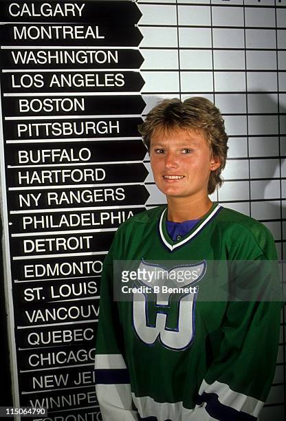 Andrea Holik stands in for her brother Bobby Holik during the 1989 NHL Draft at the Met Center in Bloomington, Minnesota. Holik was drafted 10th...