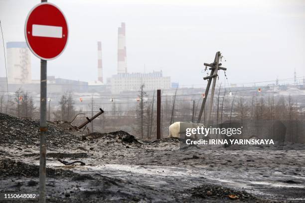 Stray polar bear is seen outside Oktyabrsky mine on the outskirts of the Russian industrial city of Norilsk on June 17, 2019. - A hungry polar bear...