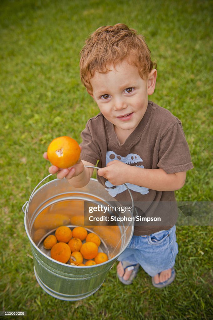 Small boy with bucket of oranges