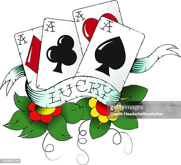 lucky aces-traditionellen tattoo - royal flush stock-grafiken, -clipart, -cartoons und -symbole