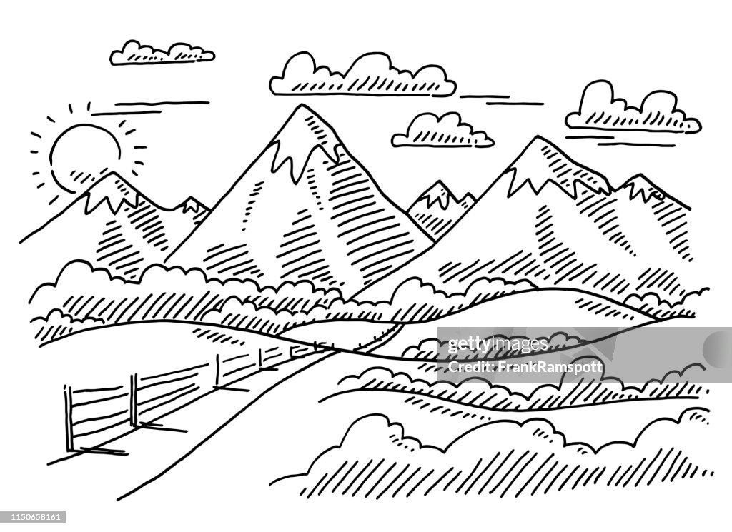 Mountains Rural Drawing Rural Mountain Landscape Drawing High-Res Vector Graphic - Getty Images