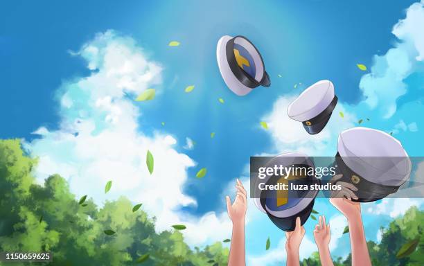 illustrazioni stock, clip art, cartoni animati e icone di tendenza di cappelli da laurea svedesi gettati in aria - inquadratura dal basso