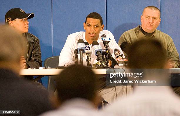 Terrelle Pryor of the Ohio State Buckeyes speaks during a press conference with his mother, Toni, and head football coach Ray Reitz on National...