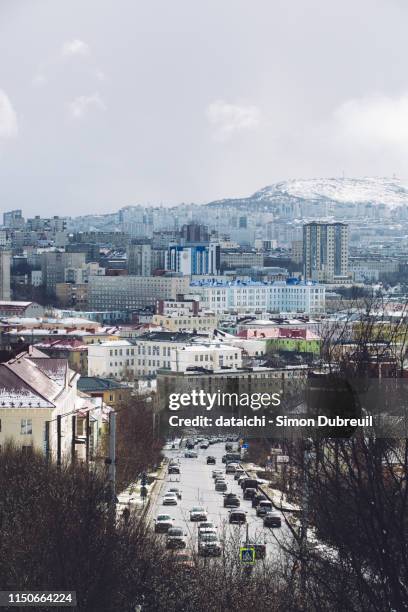 murmansk street and skyline - murmansk stock pictures, royalty-free photos & images