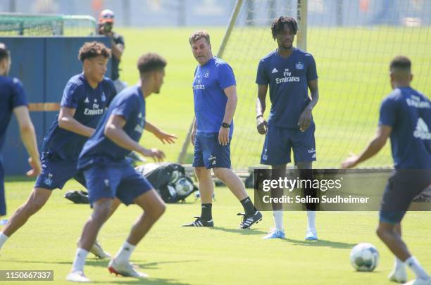 Headcoach Dieter Hecking of Hamburger SV looks on at Volksparkstadion on June 19, 2019 in Hamburg, Germany.