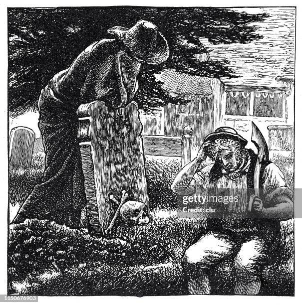 gravedigger at the grave - graveyard fields stock illustrations