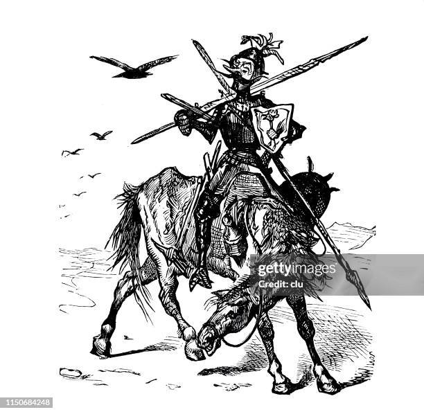 knight on the way with weapons and horse - spanish literature stock illustrations