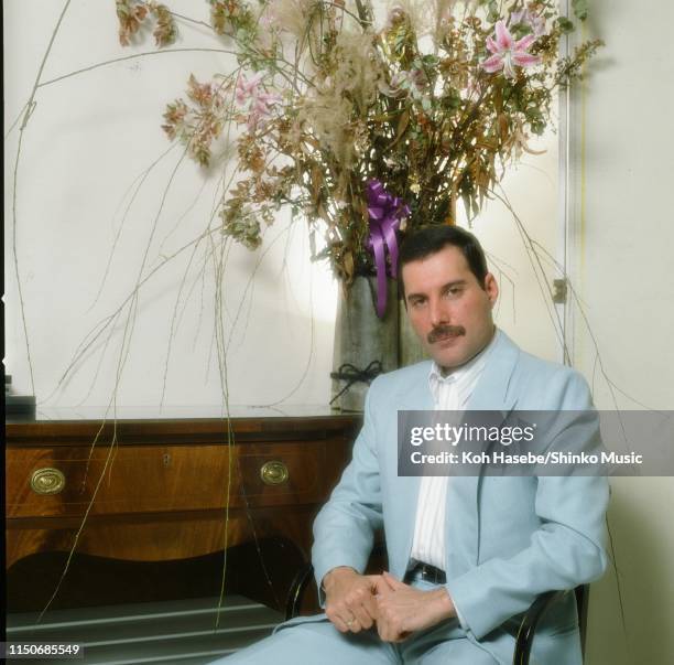 Freddie Mercury of Queen, portrait during an interview for Japanese music magazine 'Music Life' in Tokyo, Japan, 1986 during his final visit to the...