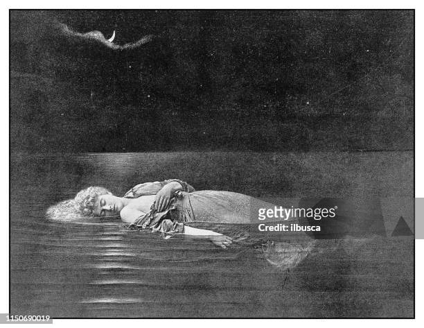 ilustraciones, imágenes clip art, dibujos animados e iconos de stock de ilustración antigua: durmiendo en el mar - dead woman