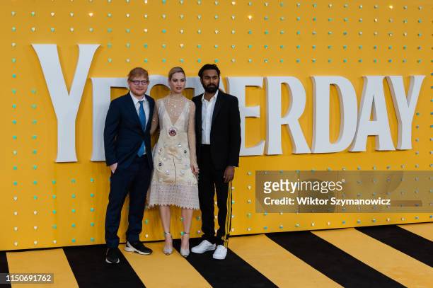 Ed Sheeran, Lily James and Himesh Patel attend the UK film premiere of 'Yesterday' at the Odeon Luxe, Leicester Square on 18 June, 2019 in London,...