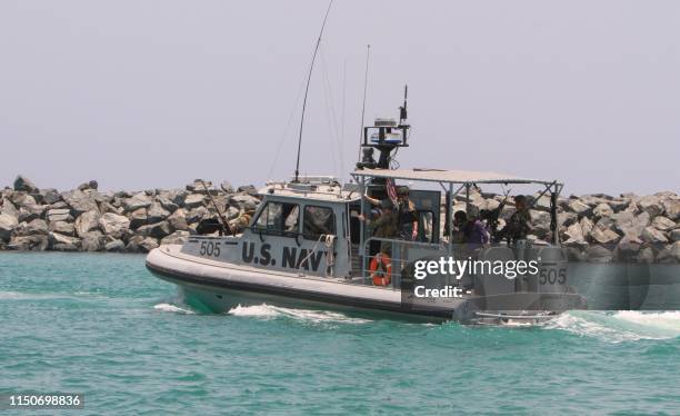 Picture taken during a guided tour by the US Navy on June 19, 2019 shows a US Navy patrol boat that took journalists on board at a UAE Naval facility...