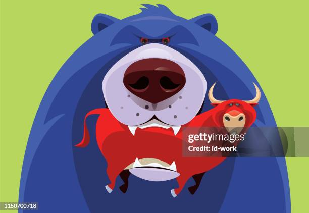 blauer bär hält roten stier - börsenbaisse stock-grafiken, -clipart, -cartoons und -symbole