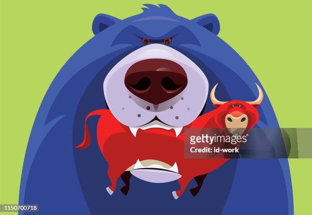 blue bear holding red bull - bear market stock illustrations