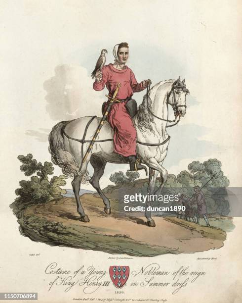 stockillustraties, clipart, cartoons en iconen met middeleeuwse valken, edelman jacht met valk uit te paard, 13e eeuw - falconry