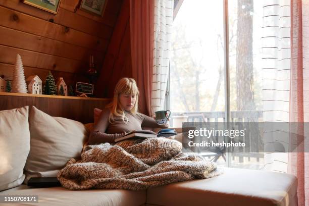 woman reading book on sofa at home - heshphoto - fotografias e filmes do acervo