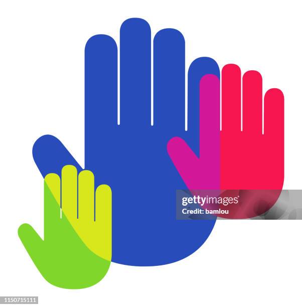 hand palm icon overlapping vibrant colors - stop gesture stock illustrations