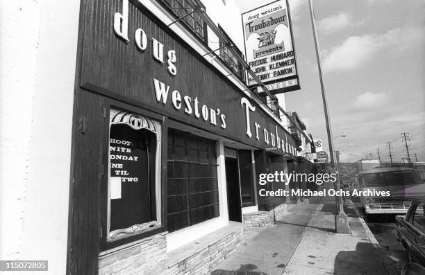 An exterior view of the Troubadour nightclub circa 1971 in Los Angeles (now West Hollywood.