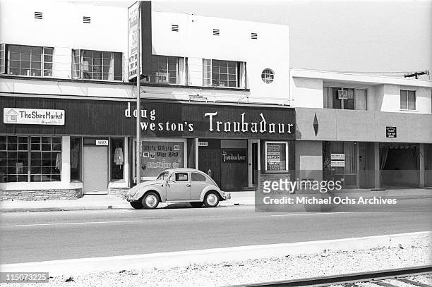 An exterior view of the Troubadour nightclub circa 1967 in Los Angeles (now West Hollywood.