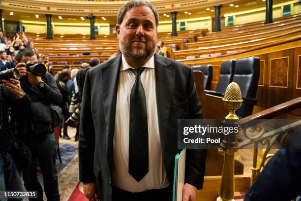 Jailed Catalan separatist leader Oriol Junqueras leaves after the opening plenary session at the Spanish Parliament on May 21, 2019 in Madrid, Spain....