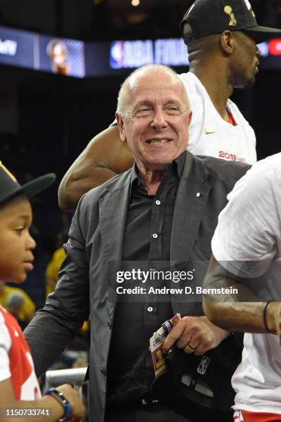 Larry Tanenbaum, Chairman of MLSE smiles and celebrates on stage after winning Game Six of the NBA Finals against the Golden State Warriors on June...