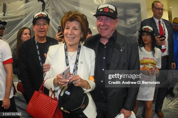 Larry Tanenbaum, Chairman of MLSE celebrates in the locker room after winning Game Six of the NBA Finals against the Golden State Warriors on June...