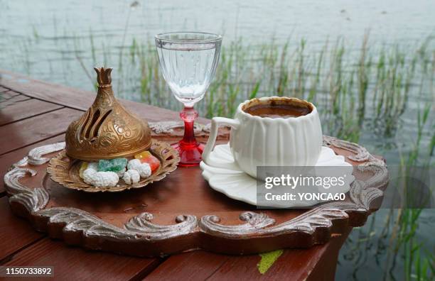 turkish coffee with candy and a glass of water - turkish delight stock pictures, royalty-free photos & images