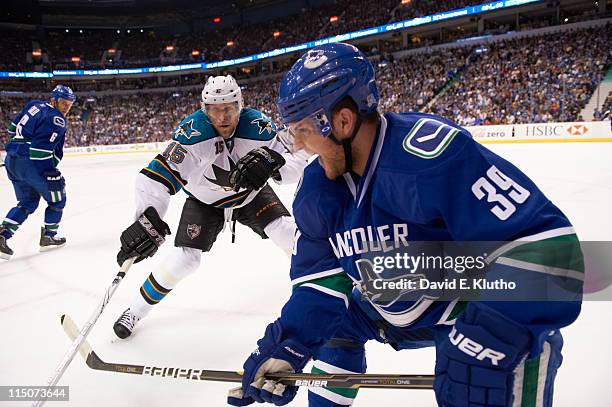 San Jose Sharks Dany Heatley in action vs Vancouver Canucks Cody Hodgson at Rogers Arena. Game 5. Vancouver, Canada 5/24/2011 CREDIT: David E. Klutho