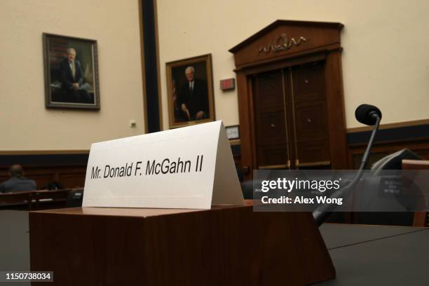 Name plate for former White House Counsel Don McGahn sits on the witness table prior to a House Judiciary Committee hearing in which McGahn was...