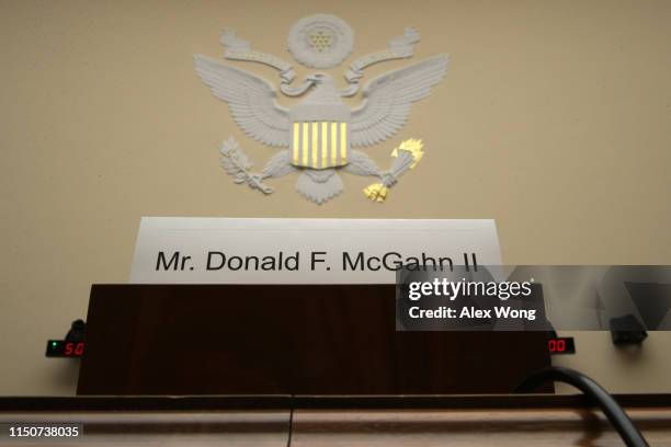 Name plate for former White House Counsel Don McGahn sits on the witness table prior to a House Judiciary Committee hearing in which McGahn was...