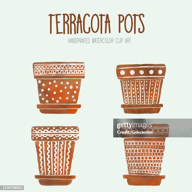 aquarell terracotta blumenpots, boxen, vasen, container. braune blumenpots mit handgemalten weißen ornamenten. art clip, design element - sukkulente stock-grafiken, -clipart, -cartoons und -symbole