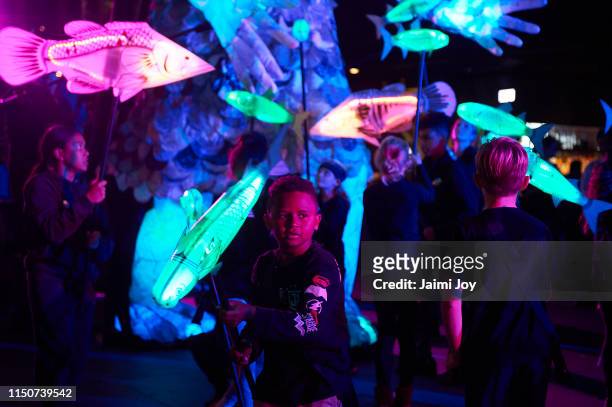The six-metre tall puppet Marri Dyin is accompanied by a school of captivating fish puppets operated by students from local schools during the Winter...