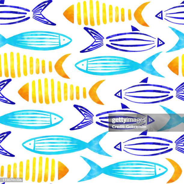 yellow, turquoise, blue and green watercolor fishes seamless pattern with white background. - humpback whale stock illustrations