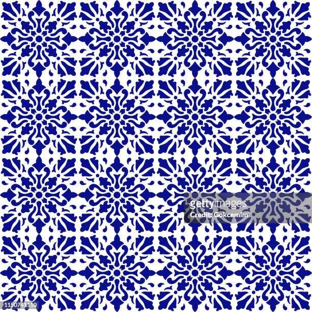ilustraciones, imágenes clip art, dibujos animados e iconos de stock de patrón de azulejo vectorial, mosaico floral árabe de lisboa, ornamento azul marino sin costuras mediterránea - tejido adamascado