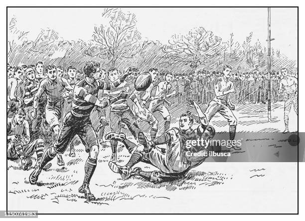 antique illustration: rugby - rugby team stock illustrations