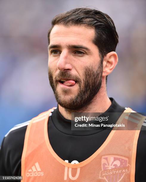 Ignacio Piatti of the Montreal Impact warms-up in the second half against the New England Revolution during the MLS game at Saputo Stadium on May 18,...