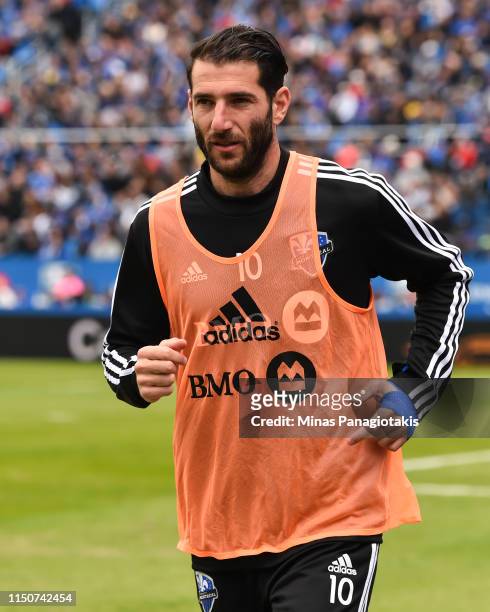 Ignacio Piatti of the Montreal Impact warms-up in the second half against the New England Revolution during the MLS game at Saputo Stadium on May 18,...